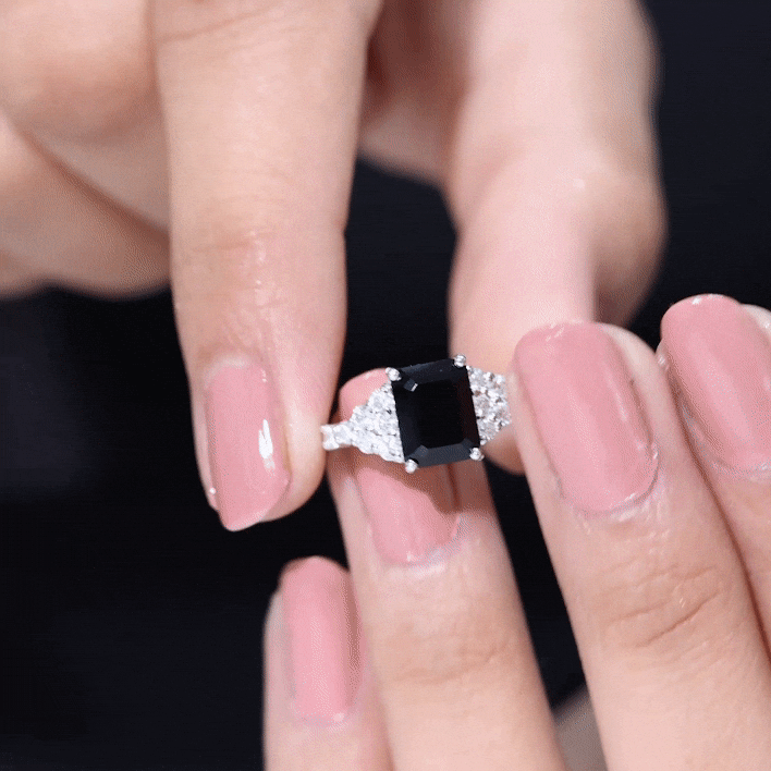 Certified 1.8 carat emerald cut black onyx engagement ring with diamonds by Rosec Jewels, featuring a sleek silver band.