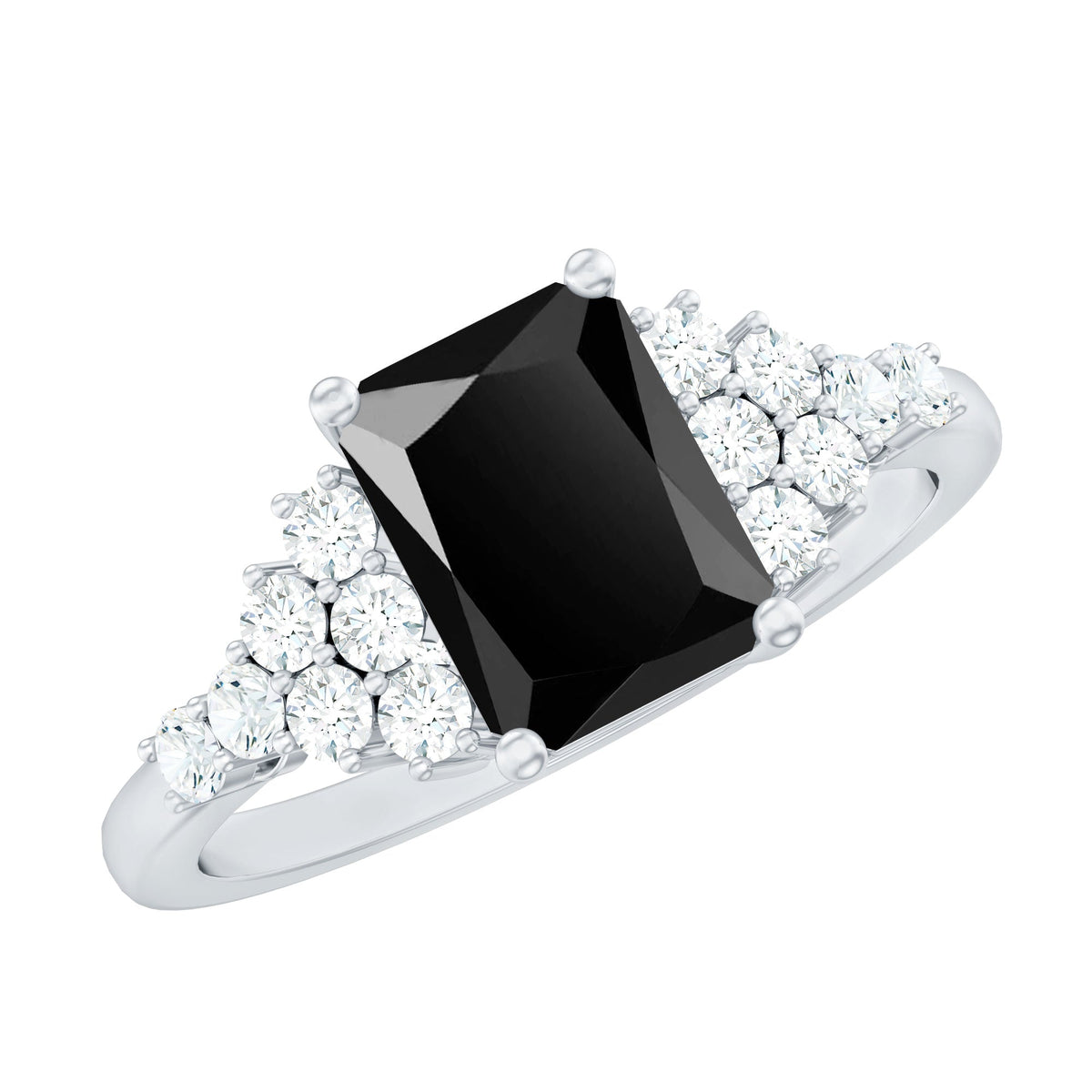 Certified 1.8 carat emerald cut black onyx engagement ring with diamonds from Rosec Jewels, showcasing the elegant design and sparkling accents.