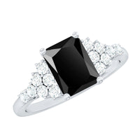 Certified 1.8 carat emerald cut black onyx engagement ring with diamonds from Rosec Jewels, showcasing the elegant design and sparkling accents.