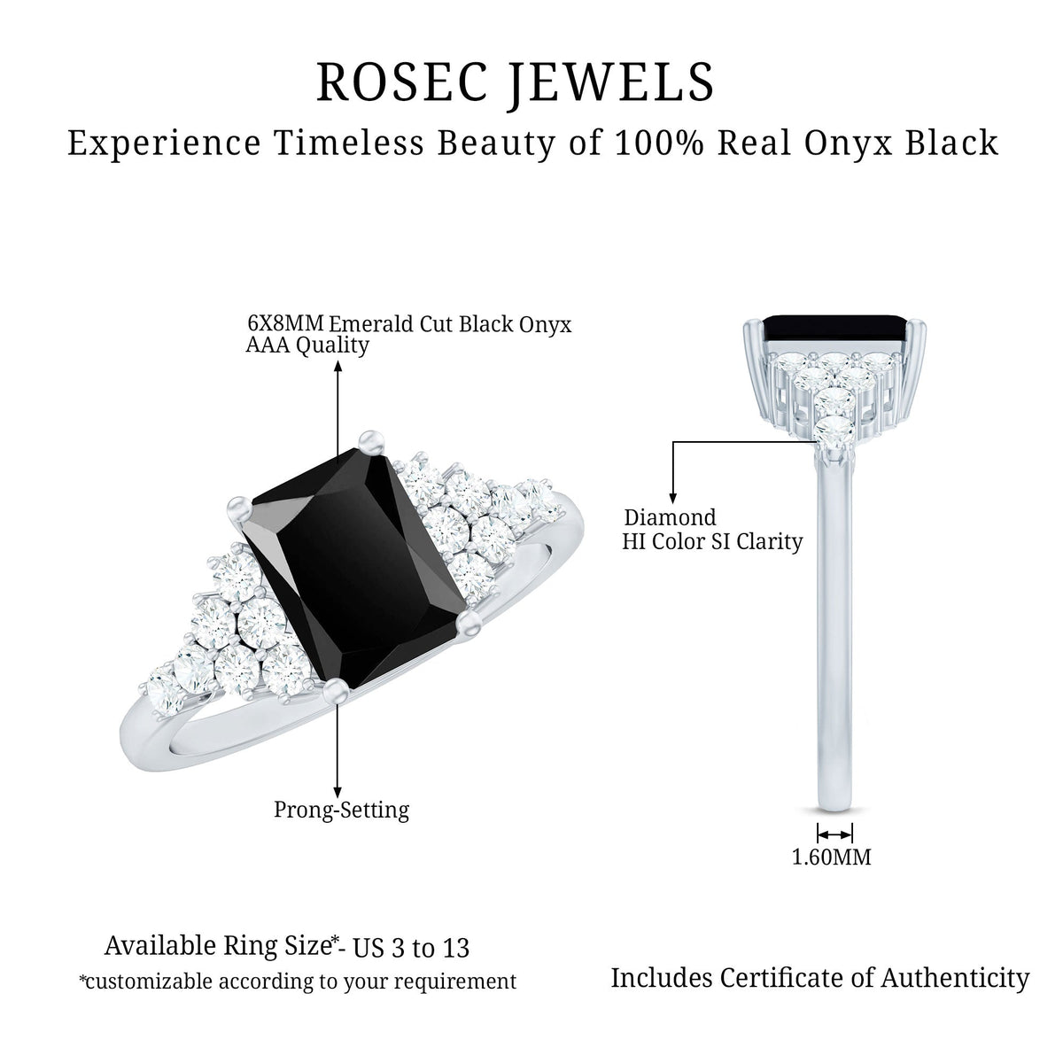 Certified 1.8 carat emerald cut black onyx engagement ring with diamond accents from Rosec Jewels, showcasing elegant jewelry craftsmanship.