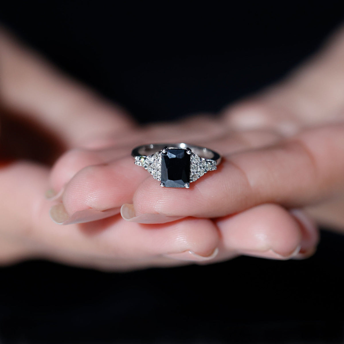 Certified 1.8 carat emerald cut black onyx engagement ring with diamonds by Rosec Jewels, showcasing the elegant ring design.