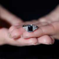 Certified 1.8 carat emerald cut black onyx engagement ring with diamonds by Rosec Jewels, showcasing the elegant ring design.