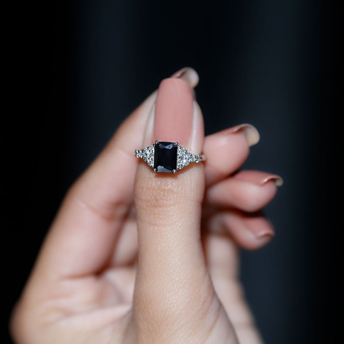 Certified 1.8 carat emerald cut black onyx engagement ring with diamonds by Rosec Jewels, showing the detailed ring design.
