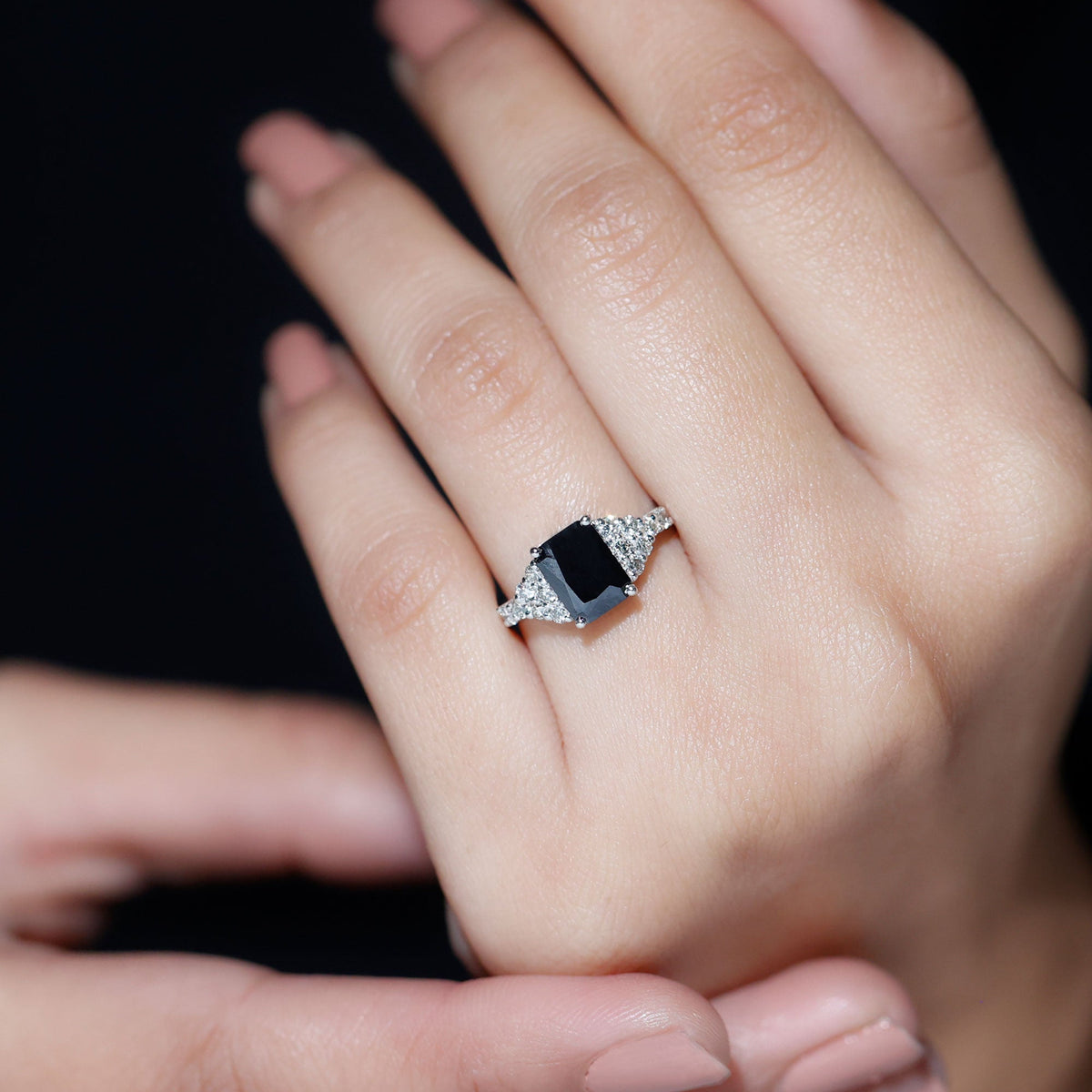 Certified 1.8 carat emerald cut black onyx engagement ring with diamonds from Rosec Jewels, showcasing the elegant ring design.