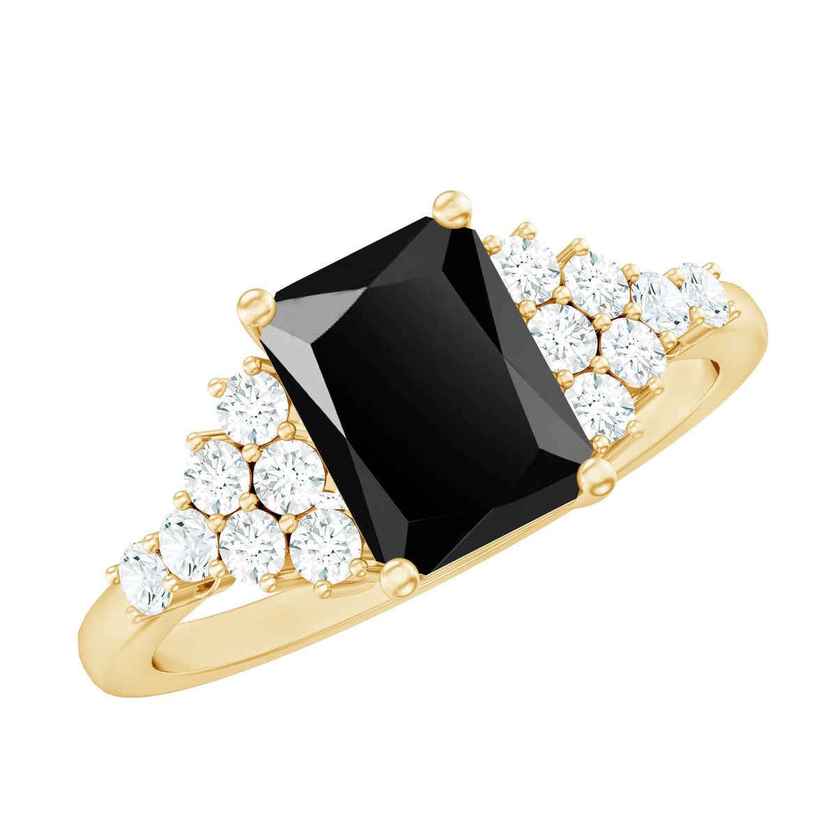 Certified 1.8 carat emerald cut black onyx engagement ring with diamonds by Rosec Jewels, featuring a sleek design and sparkling accents.