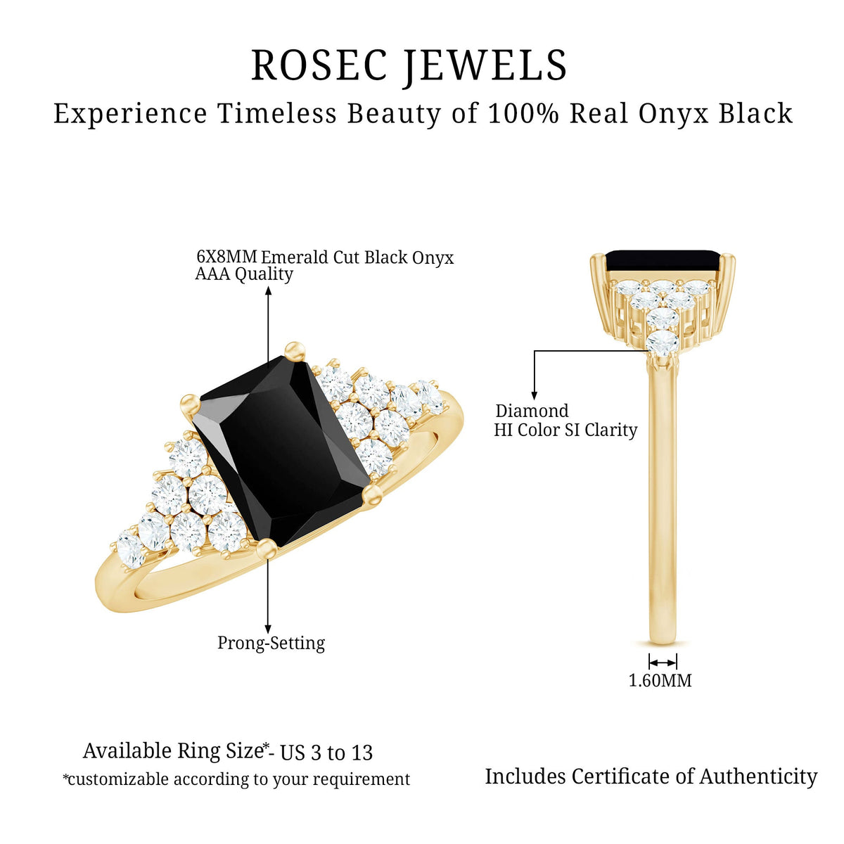 Certified 1.8 Carat Emerald Cut Black Onyx engagement ring with diamonds from Rosec Jewels, showing the elegant ring design.