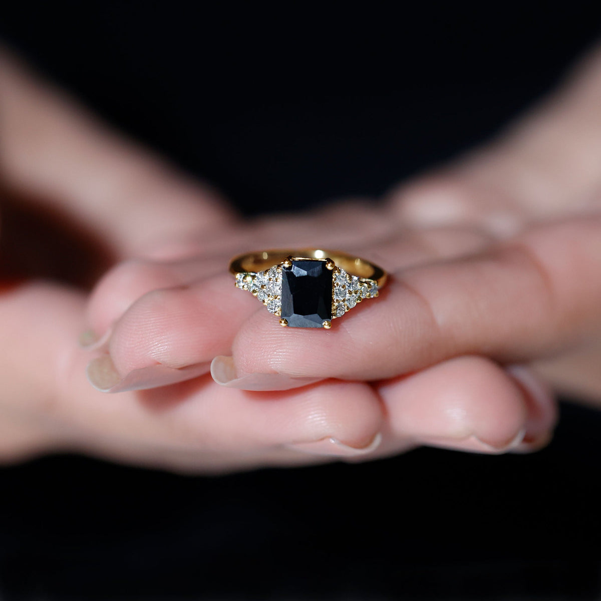 Certified 1.8 carat emerald cut black onyx engagement ring with diamond accents from Rosec Jewels, showcasing a sleek and elegant design.