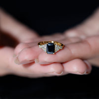 Certified 1.8 carat emerald cut black onyx engagement ring with diamond accents from Rosec Jewels, showcasing a sleek and elegant design.