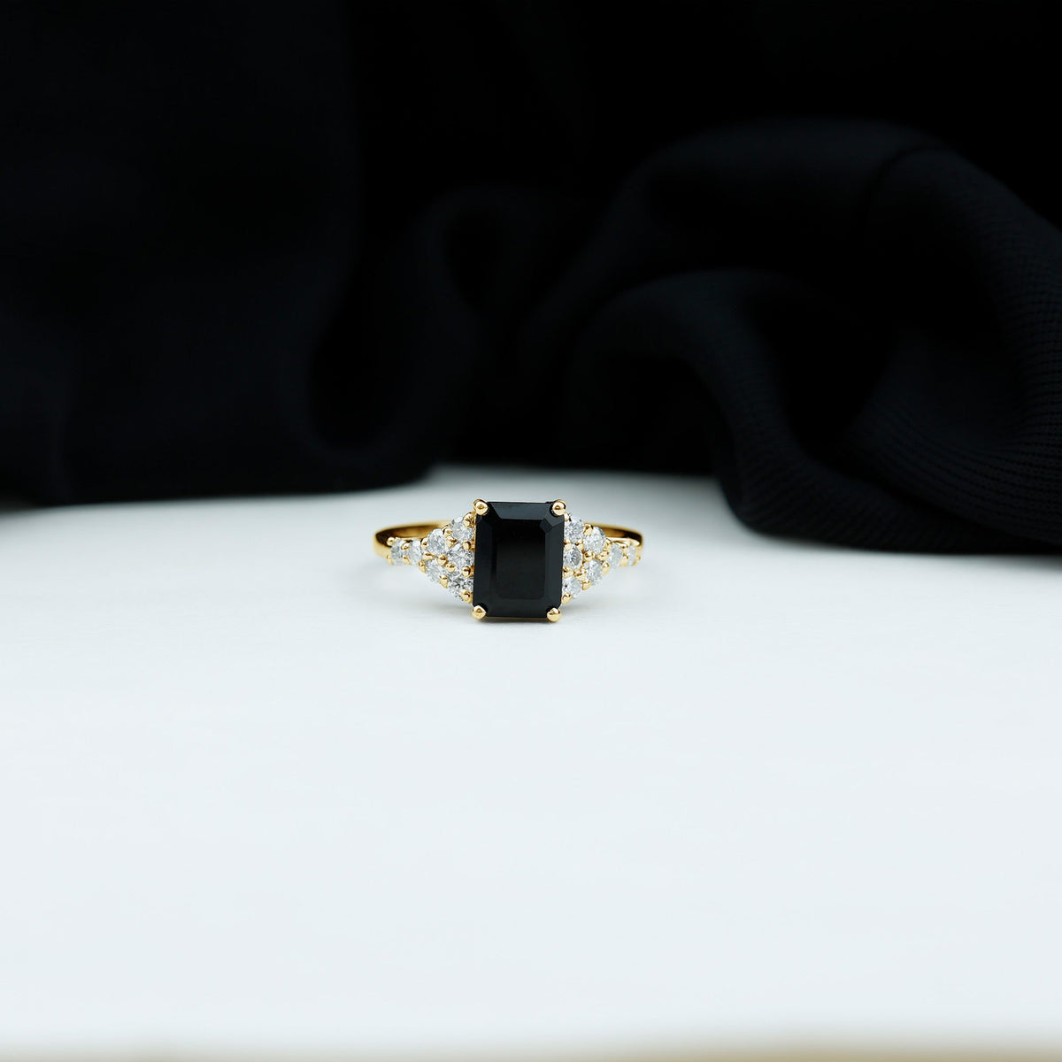 Certified 1.8 Carat emerald cut black onyx engagement ring with diamonds from Rosec Jewels, showcasing the elegant ring design.