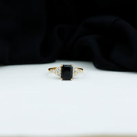 Certified 1.8 Carat emerald cut black onyx engagement ring with diamonds from Rosec Jewels, showcasing the elegant ring design.