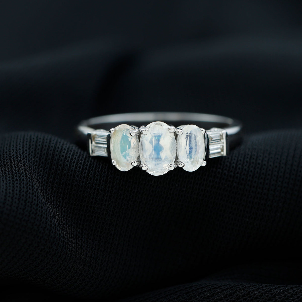 Genuine Oval Moonstone Three Stone Anniversary Ring