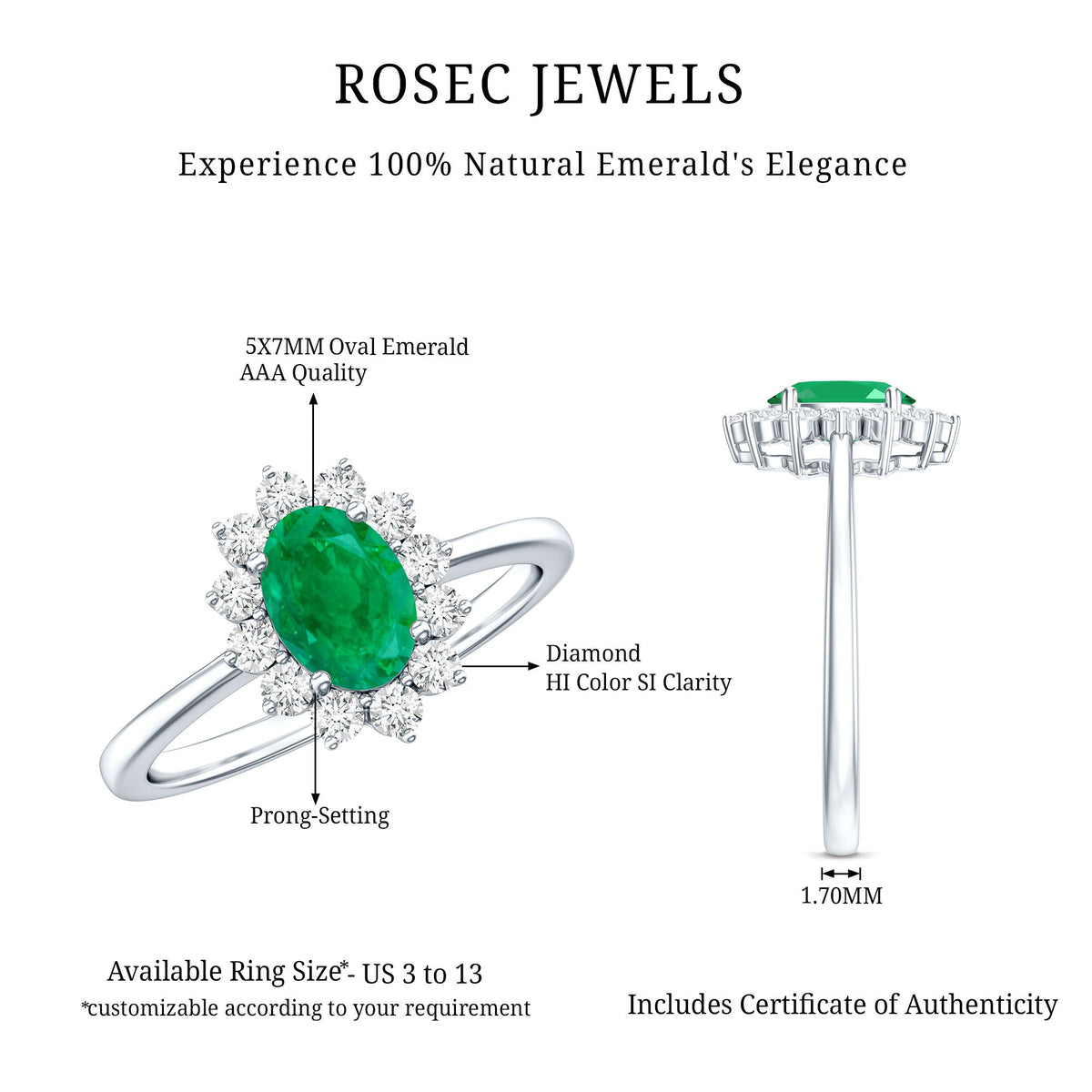 Natural 5x7mm emerald oval engagement ring with diamond halo by Rosec Jewels, featuring a silver band and intricate detailing.