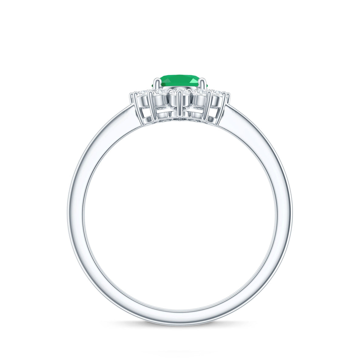 Natural 5x7mm emerald oval engagement ring with diamond halo, showcasing a Rosec Jewels ring on a white background.