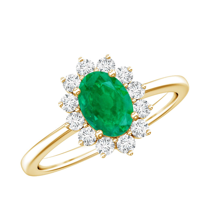 Natural emerald oval engagement ring with diamond halo from Rosec Jewels, showcasing the detailed design and sparkling stones.
