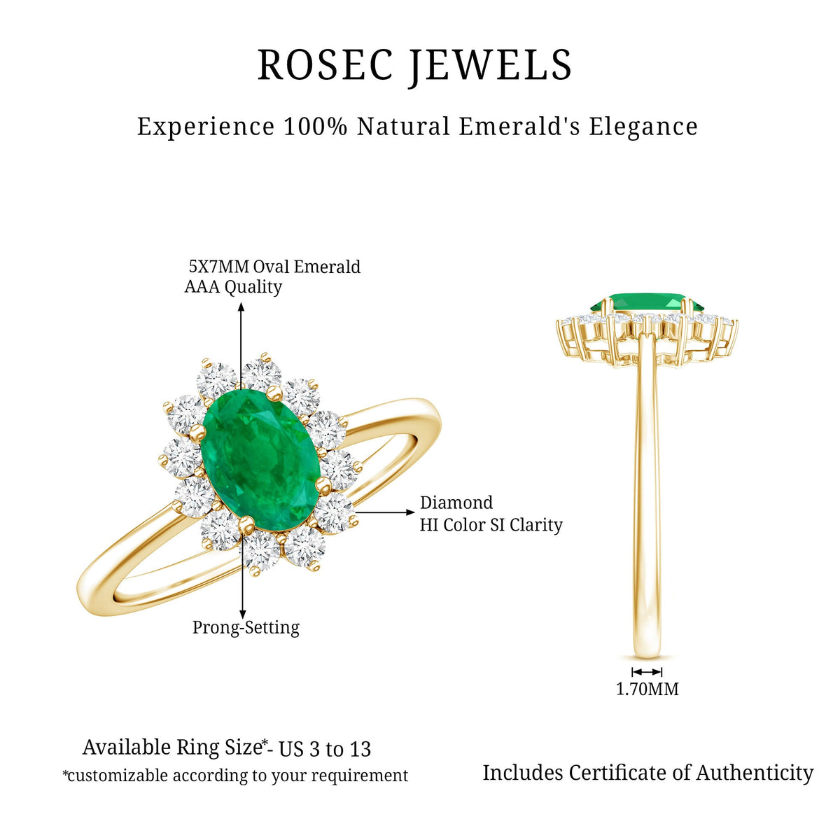 Natural 5x7mm emerald oval engagement ring with diamond halo by Rosec Jewels, featuring a detailed view of the ring setting and gemstone.