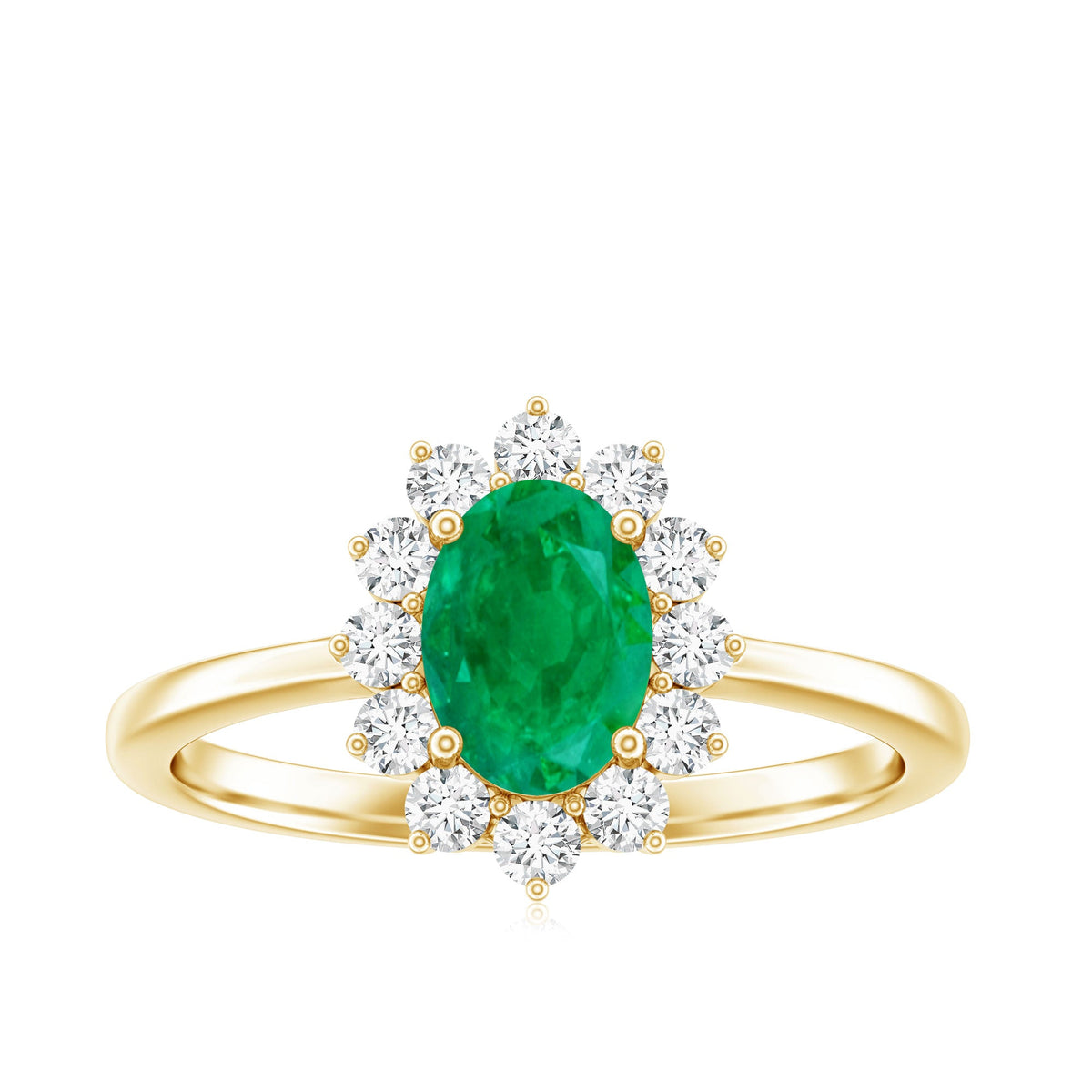 Natural 5x7mm emerald oval engagement ring with diamond halo by Rosec Jewels, featuring a gold band and intricate setting.
