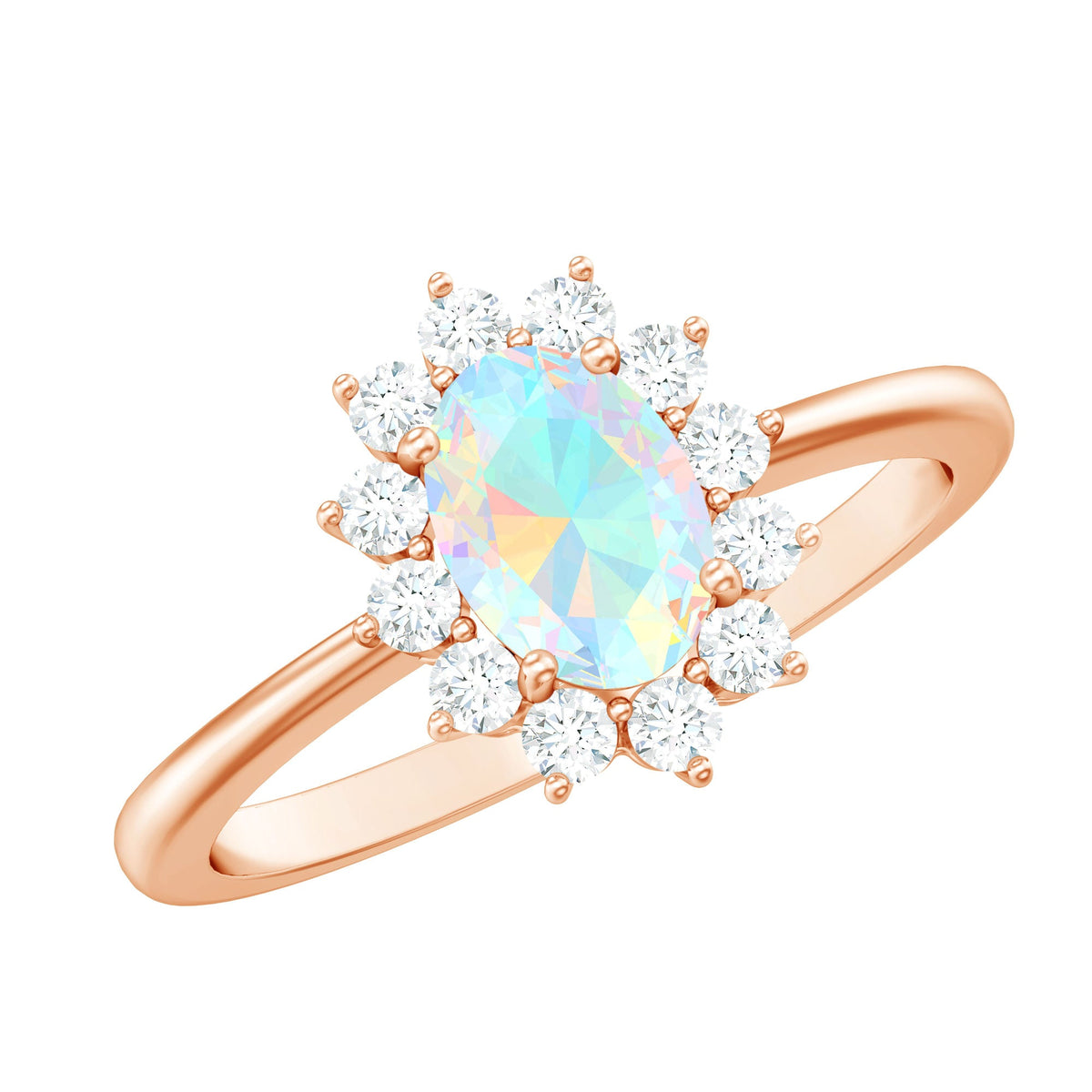 Certified real Ethiopian opal oval engagement ring with diamond halo, featuring rose gold setting and intricate detailing.