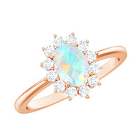 Certified real Ethiopian opal oval engagement ring with diamond halo, featuring rose gold setting and intricate detailing.