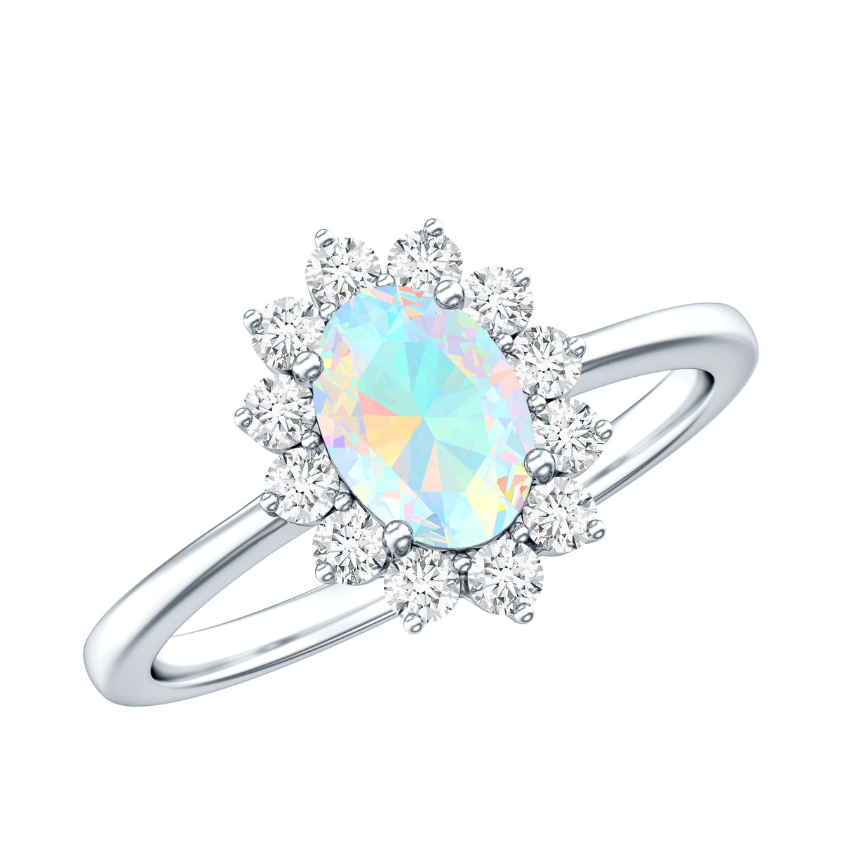 Certified real Ethiopian opal oval engagement ring with diamond halo, featuring Rosec Jewels' elegant craftsmanship.
