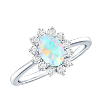 Certified real Ethiopian opal oval engagement ring with diamond halo, featuring Rosec Jewels' elegant craftsmanship.
