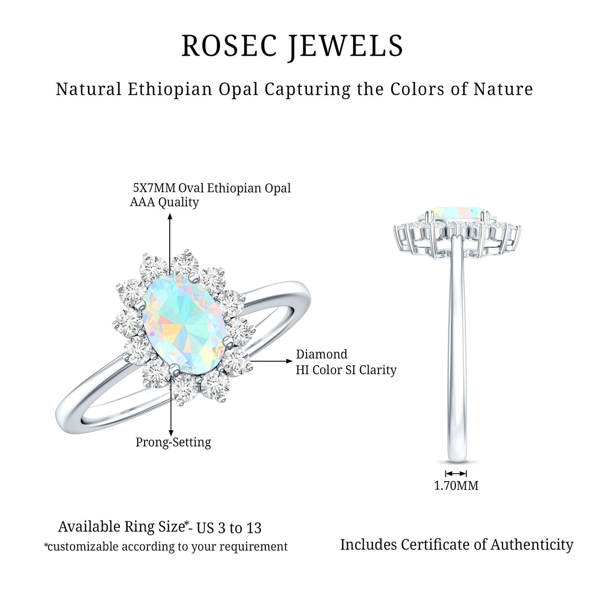 Certified real Ethiopian opal oval engagement ring with diamond halo, showcasing a stunning gemstone and intricate design.