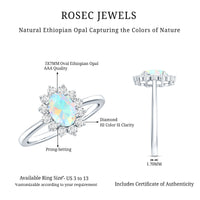 Certified real Ethiopian opal oval engagement ring with diamond halo, showcasing a stunning gemstone and intricate design.