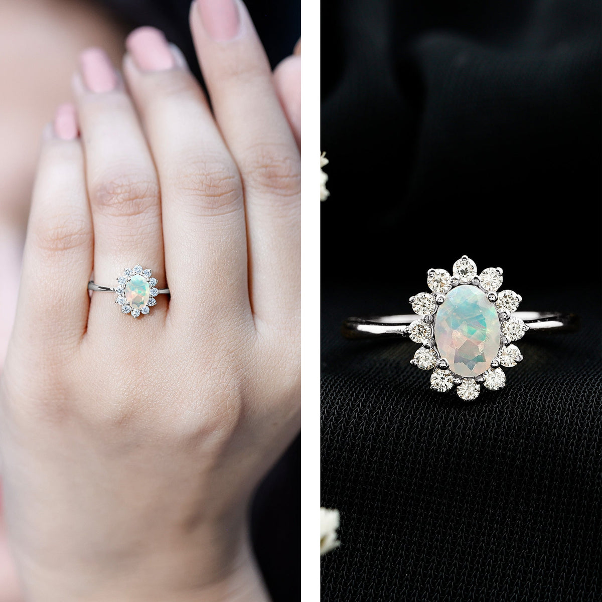 Certified real Ethiopian opal oval engagement ring with diamond halo, showcasing a stunning gemstone and elegant design by Rosec Jewels.