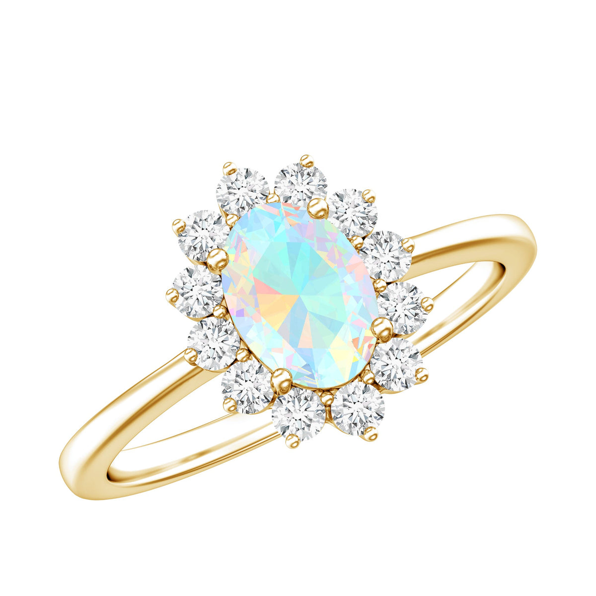 Certified real Ethiopian opal oval engagement ring with diamond halo from Rosec Jewels, featuring a sparkling gemstone and elegant design.