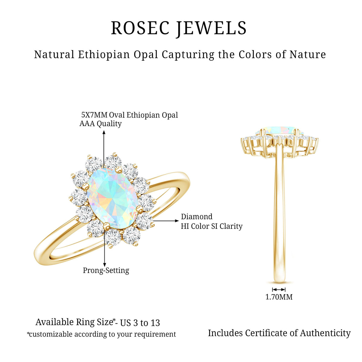Certified real Ethiopian opal oval engagement ring with diamond halo, set in a elegant ring from Rosec Jewels.