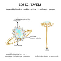 Certified real Ethiopian opal oval engagement ring with diamond halo, set in a elegant ring from Rosec Jewels.