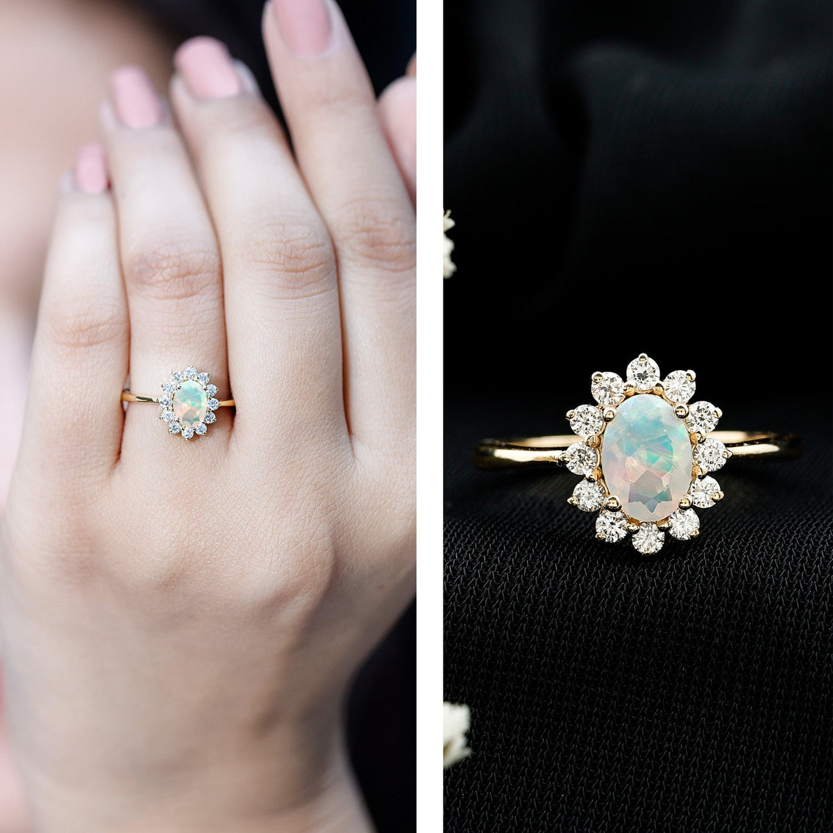 Certified real Ethiopian opal oval engagement ring with diamond halo and rose gold band from Rosec Jewels.