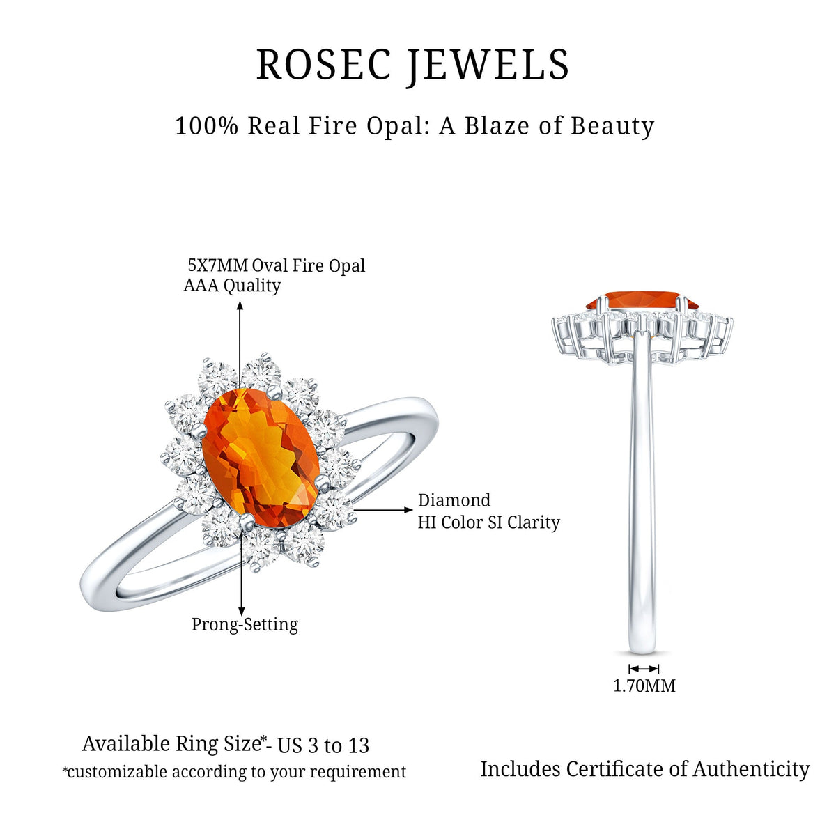 Princess Diana-inspired fire opal and diamond engagement ring from Rosec Jewels, featuring a stunning central gemstone and elegant band.