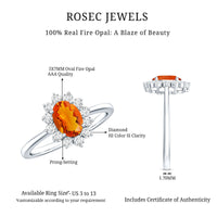 Princess Diana-inspired fire opal and diamond engagement ring from Rosec Jewels, featuring a stunning central gemstone and elegant band.