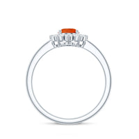 Princess Diana inspired fire opal and diamond engagement ring by Rosec Jewels featuring a central fiery opal gemstone and sparkling accent diamonds.