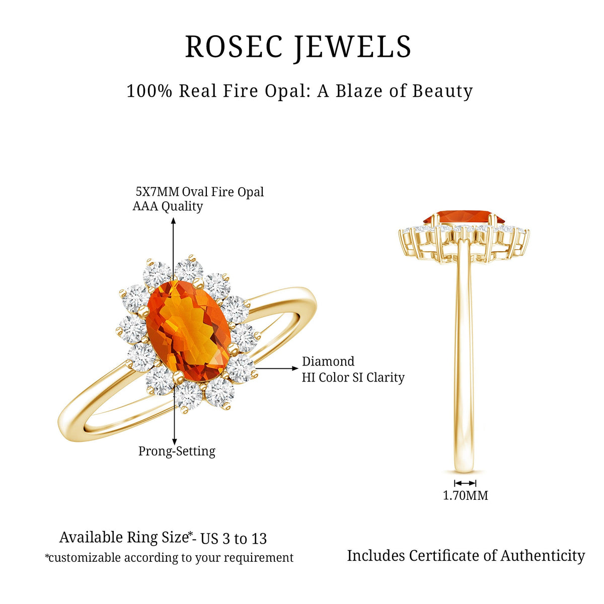 Princess Diana inspired fire opal and diamond engagement ring by Rosec Jewels featuring a stunning 1 carat center stone and elegant design.