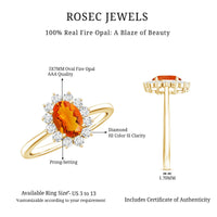 Princess Diana inspired fire opal and diamond engagement ring by Rosec Jewels featuring a stunning 1 carat center stone and elegant design.