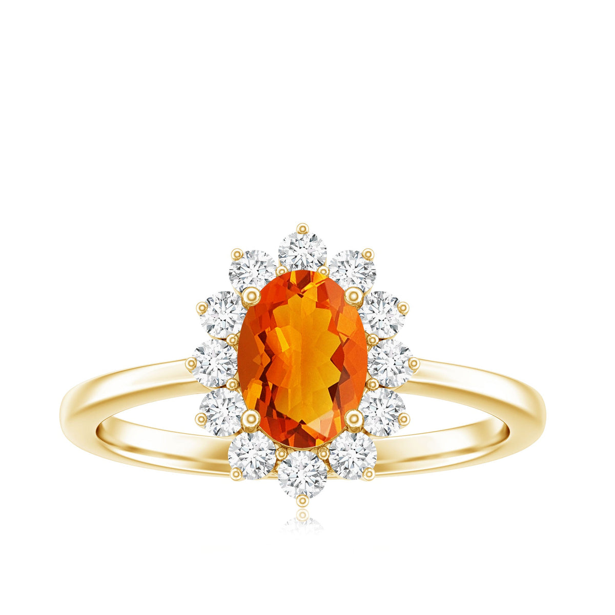 Princess Diana-inspired fire opal and diamond engagement ring featuring a 1-carat center stone and intricate band design.