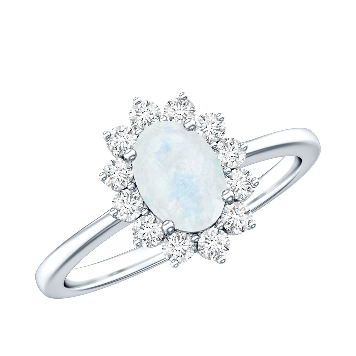 Princess Diana-inspired moonstone engagement ring with diamond halo, featuring a delicate band and elegant design by Rosec Jewels.