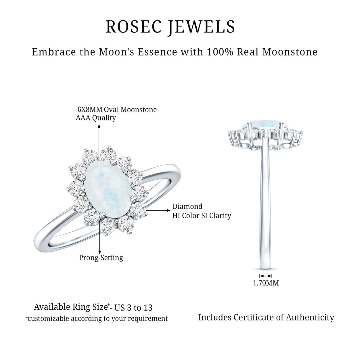 Princess Diana inspired moonstone engagement ring with diamond halo, featuring a rose gold band and elegant design.