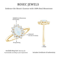 Princess Diana-inspired moonstone engagement ring with diamond halo, showcasing elegant jewelry design by Rosec Jewels.