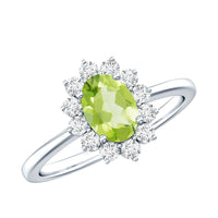 Real 1 Carat Peridot oval engagement ring with diamond halo from Rosec Jewels, featuring a sparkling green peridot gemstone and intricate band.