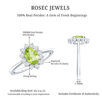Real 1 Carat Peridot oval engagement ring with diamond halo from Rosec Jewels, showcasing the vibrant green gemstone and sparkling accents.