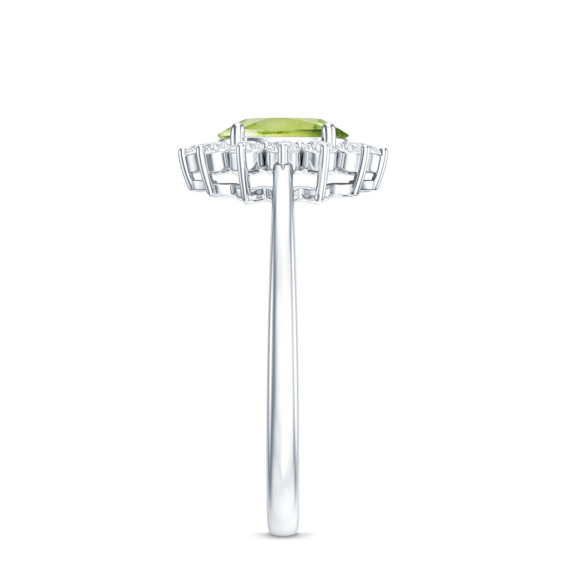 Oval 1 Carat Peridot engagement ring with diamond halo from Rosec Jewels, showcasing the vibrant green gemstone and sparkling accents.