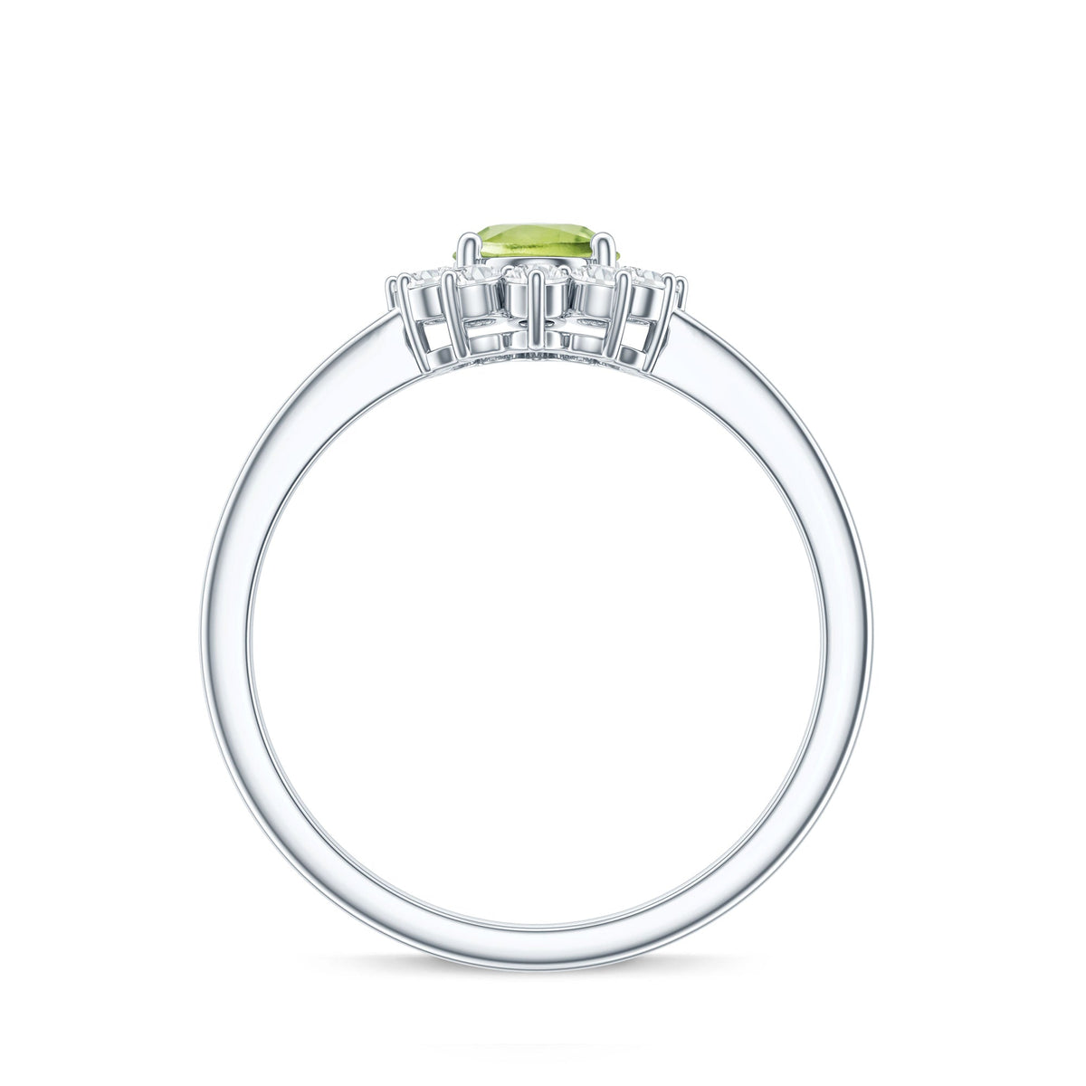 Oval 1-carat peridot engagement ring with diamond halo, showcasing a rose gold band and intricate design by Rosec Jewels.