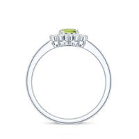 Oval 1-carat peridot engagement ring with diamond halo, showcasing a rose gold band and intricate design by Rosec Jewels.
