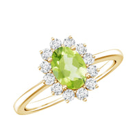 Oval 1-carat peridot engagement ring with diamond halo, showcasing the elegant Rosec Jewels ring setting and sparkling gemstones.