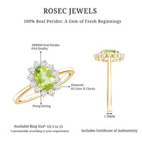 Oval 1-carat peridot engagement ring with diamond halo by Rosec Jewels, showcasing a stunning green gemstone and sparkling accents.