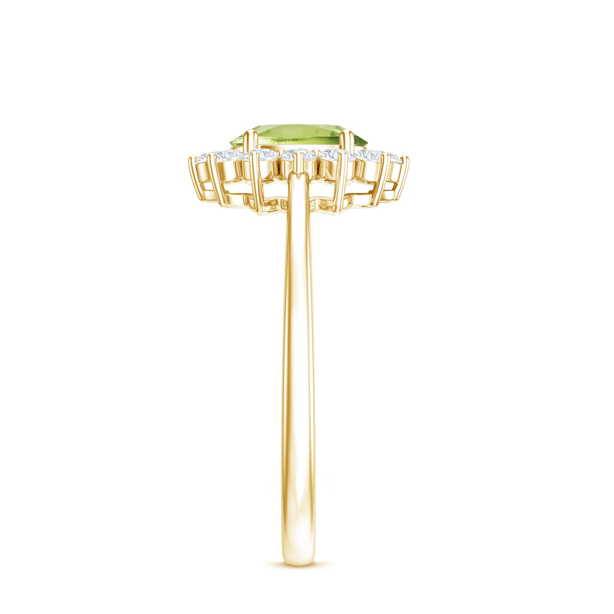 Oval 1 Carat Peridot engagement ring with diamond halo by Rosec Jewels, featuring a vibrant green peridot gemstone and sparkling diamond accents.
