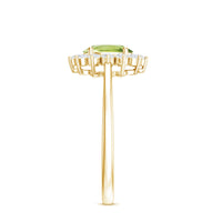 Oval 1 Carat Peridot engagement ring with diamond halo by Rosec Jewels, featuring a vibrant green peridot gemstone and sparkling diamond accents.