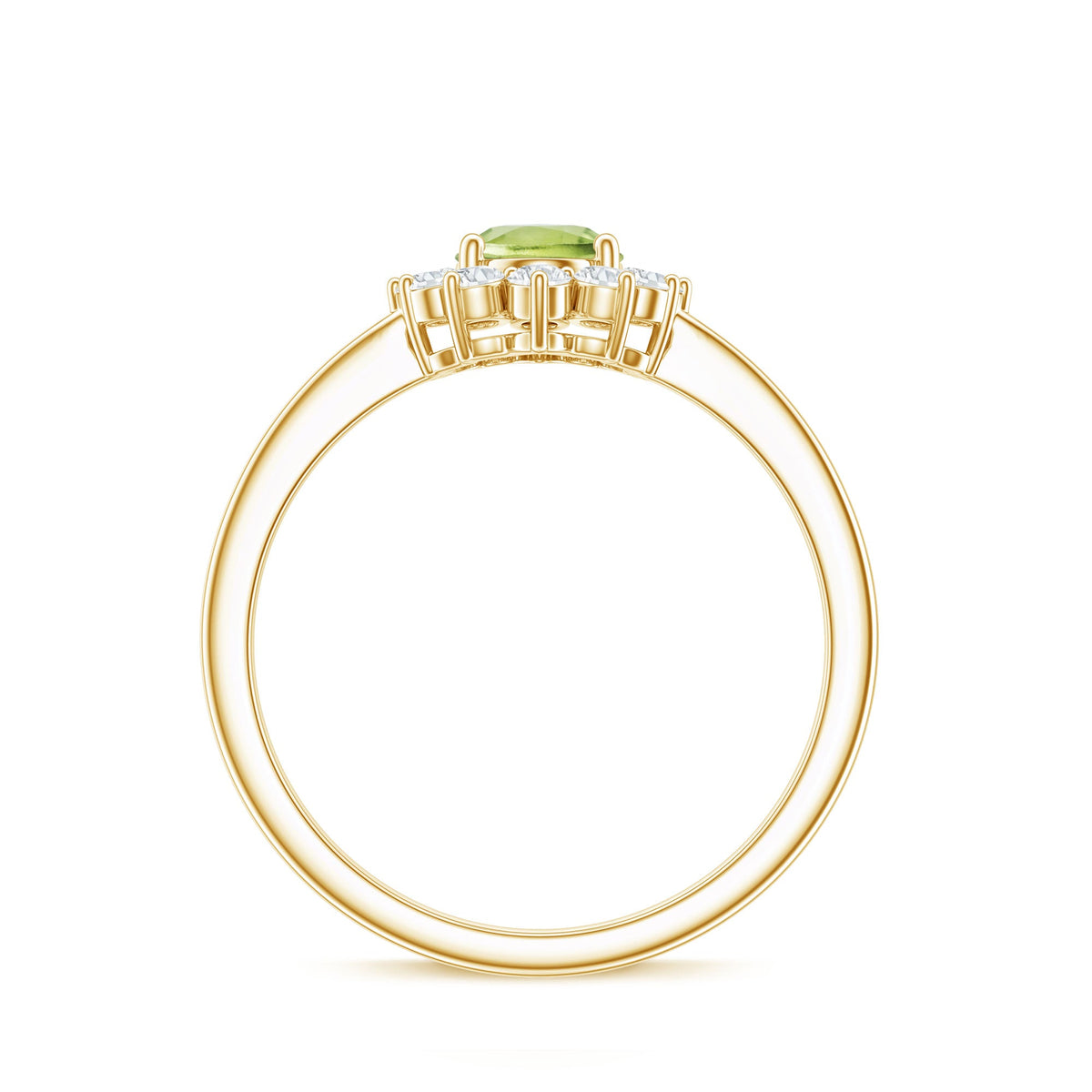 Oval peridot engagement ring with diamond halo, set in rose gold, featuring a 1-carat gemstone and intricate detailing.